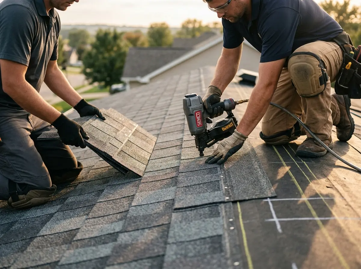Professional roofer working on a residential roof in Walkertown
